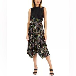 Tahari ASL Women’s Black Forest Floral Pleated Belted Sleeveless Midi Dress NWT